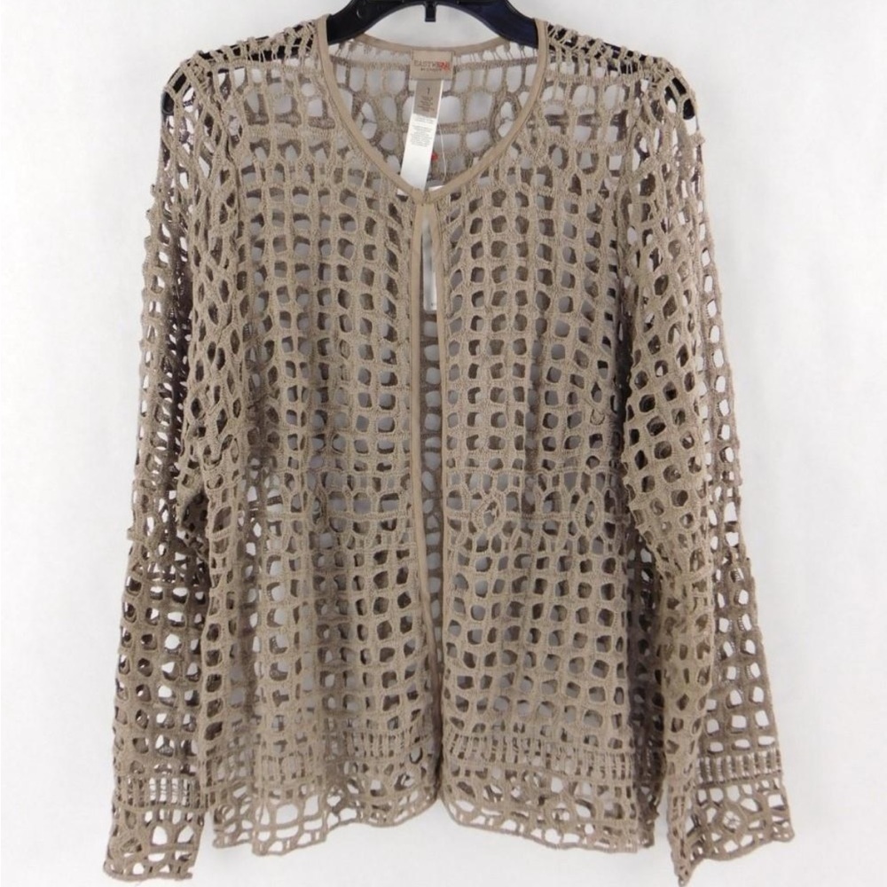 Chico’s Easywear Crochet Lace Long Sleeve Texas Taupe Cotton Cardigan Jacket NWT - Picture 5 of 16